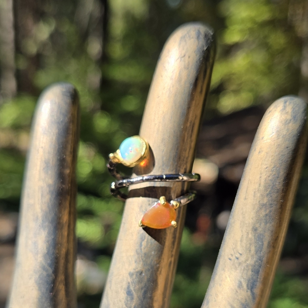 Opal Natural Gemstone Fire & Crystal Opal Snake Sterling Rhodium & Gold Ring Sz7 - Picture 5 of 10
